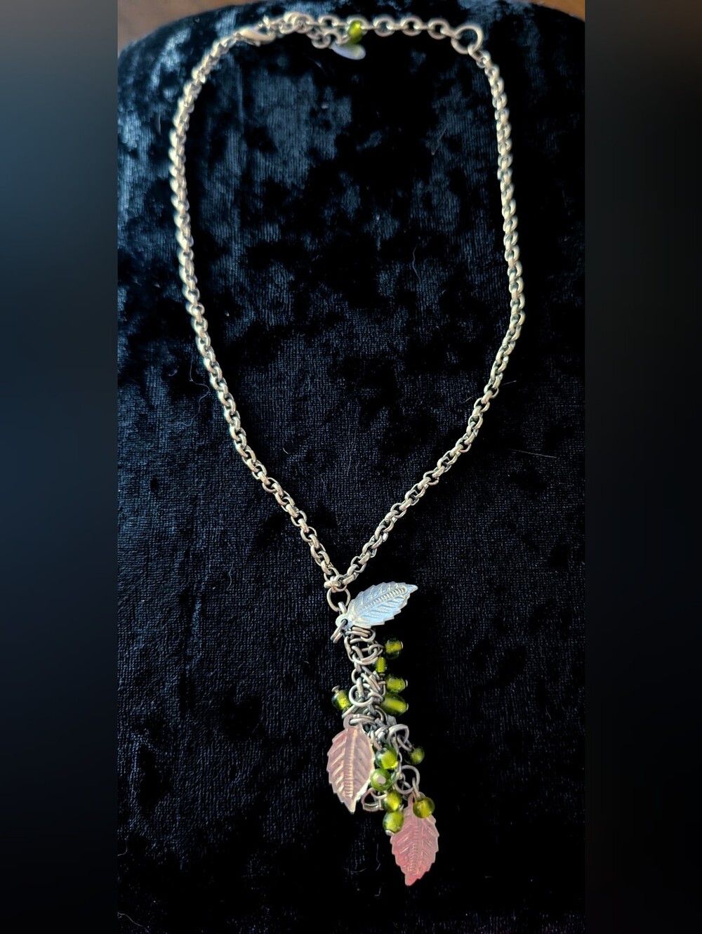 Silver Leaf Cluster Necklace with  Green Beads